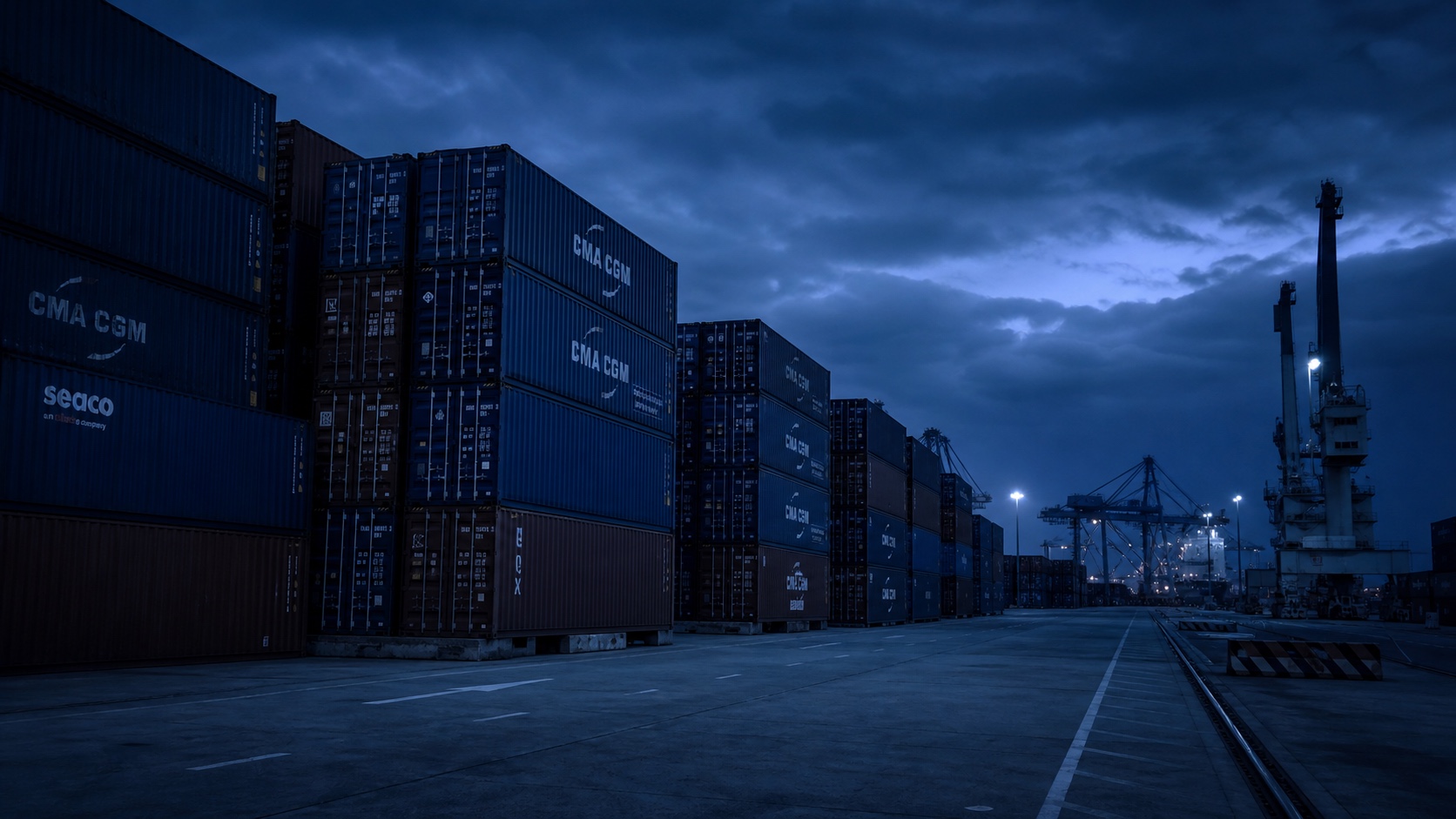 Container terminal at dusk with stacked containers and cranes