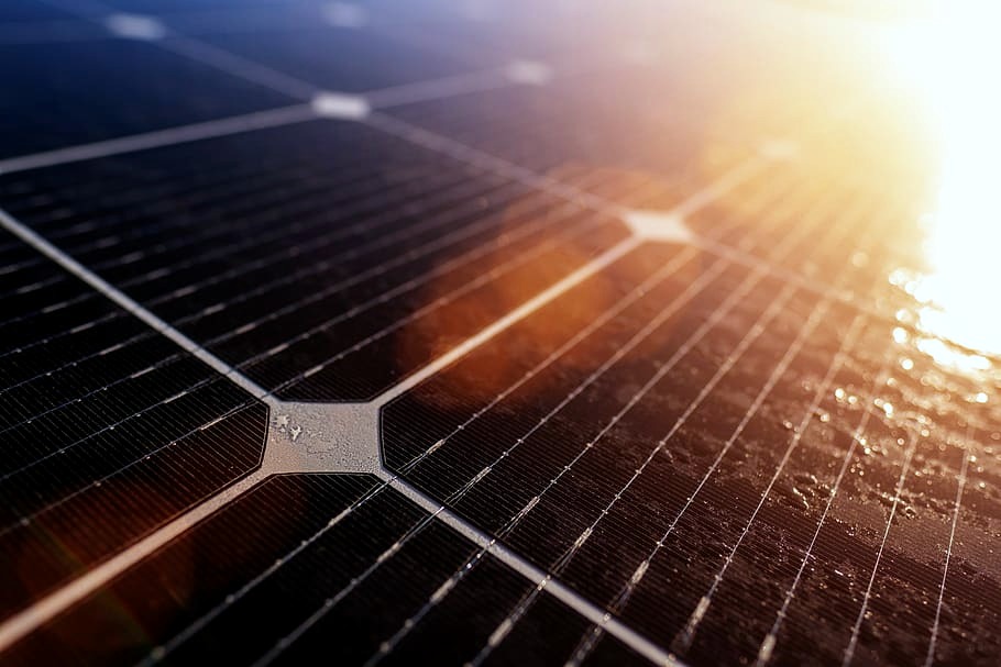 Close-up of a crystalline solar cell surface in low sun
