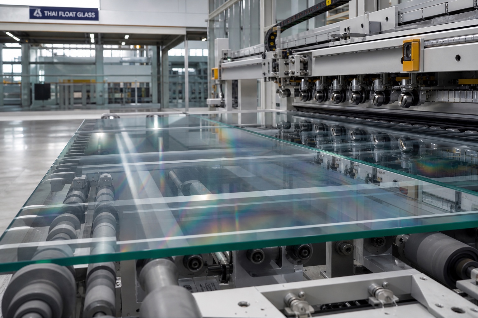 Low-iron tempered solar PV glass on production line · TRX-SG